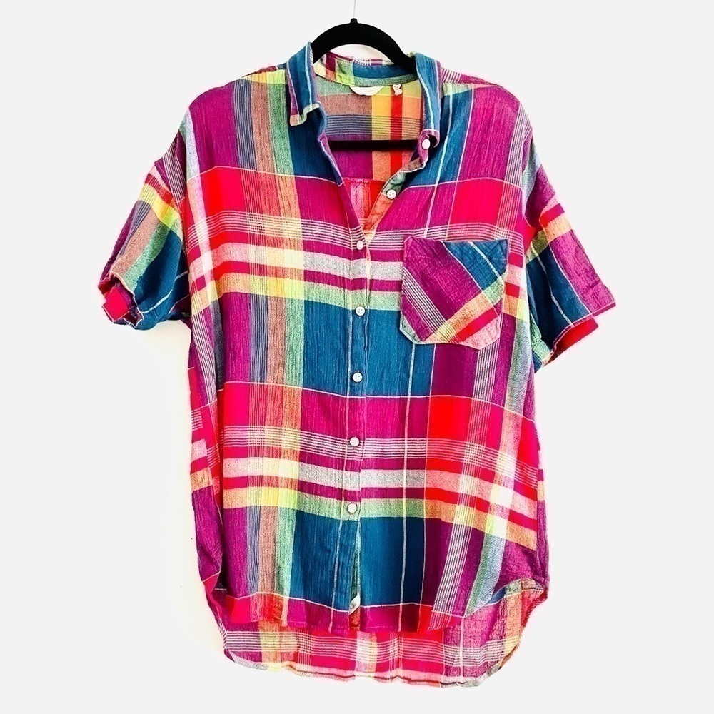 Woolrich Button Down Shirt S Plaid Short Sleeve Multicolor Semi Sheer Cotton